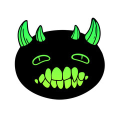 head of black cartoon animal with green eyes and fanged smile