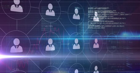 Animation of network of connections with people icons and data processing on blue background - Powered by Adobe