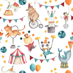 Circus watercolor baby animals illustration seamless  pattern  tile 
