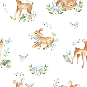 Watercolor baby deers forest woodland animals with blue flowers illustration seamless pattern tile