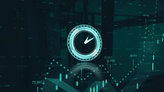 Animation of clock moving fast and data processing over world map
