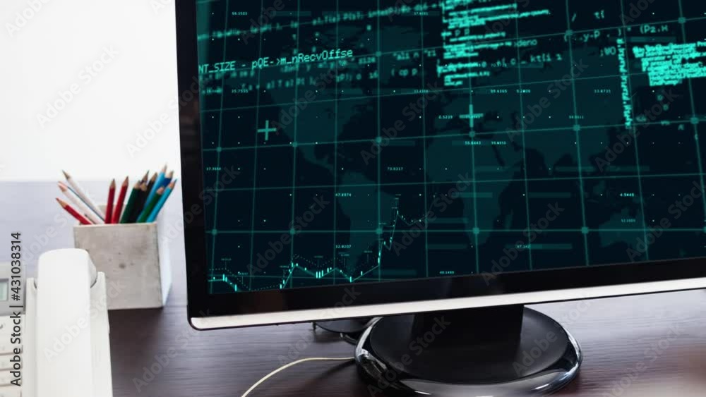 Poster data processing over grid network and world map on computer screen on wooden table