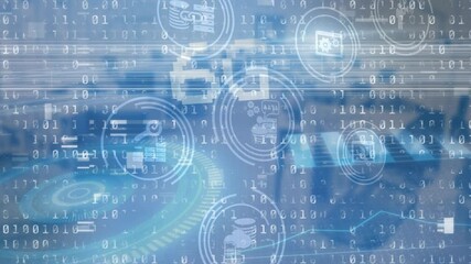 6g text and digital icons over binary coding data processing against empty office in background - Powered by Adobe