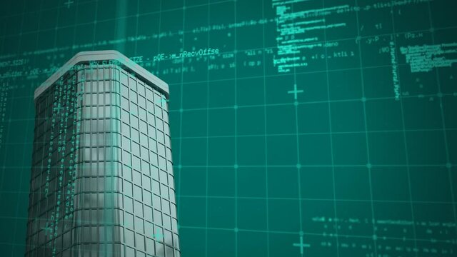 Data processing over grid network against tall building on green background