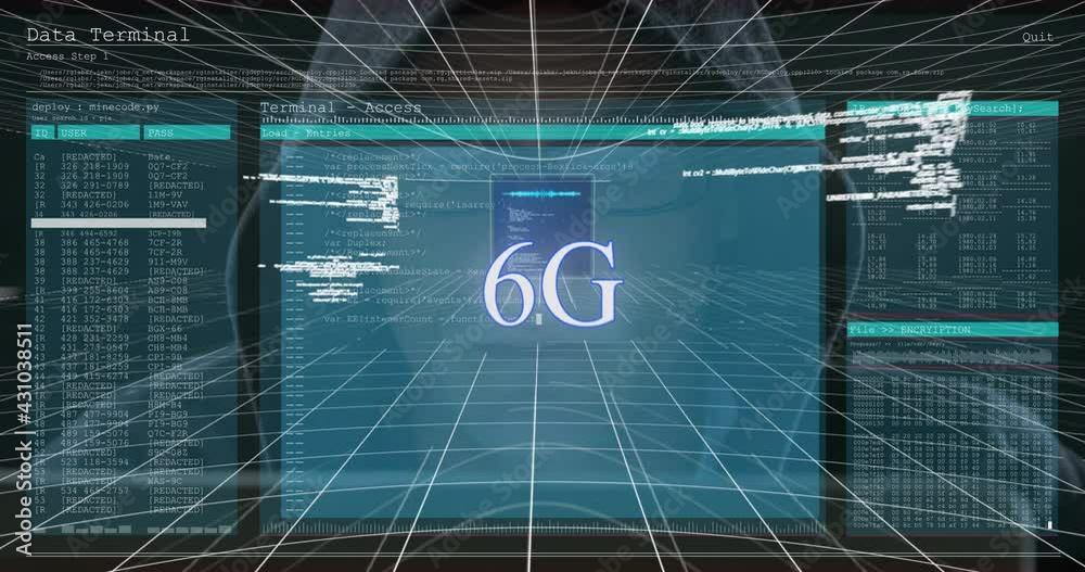 Poster 6g text over screen with data processing against male hacker using computer