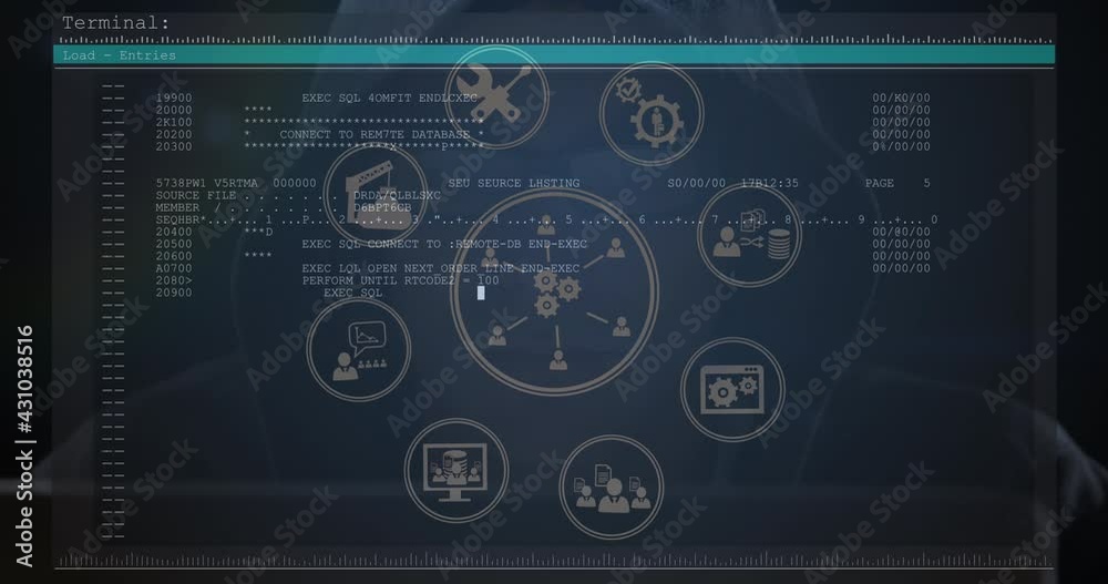 Poster network of digital icons over screen with data processing against male hacker using computer
