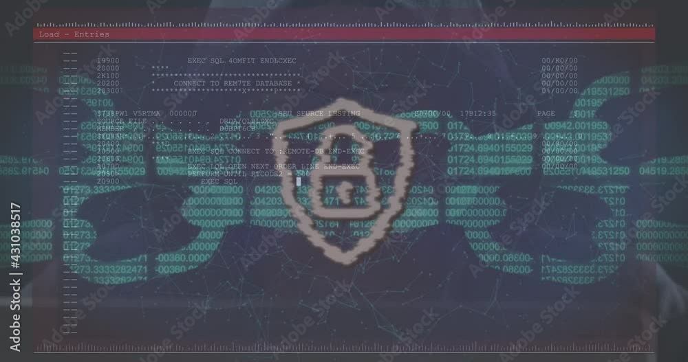 Poster security chain and padlock icons over screen with data processing against male hacker using computer