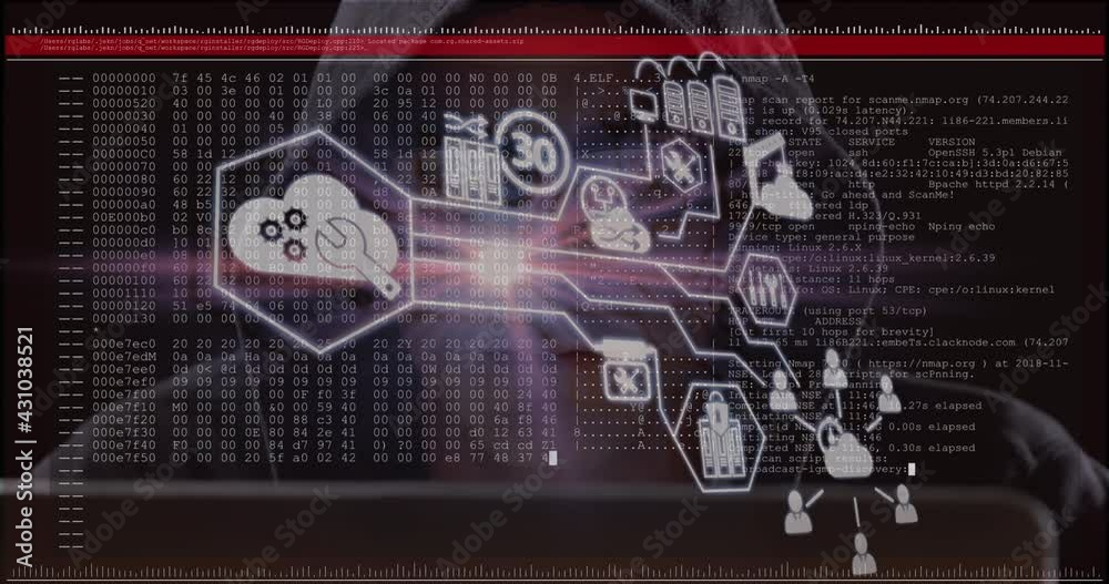 Poster network of digital icons over screen with data processing against male hacker using computer