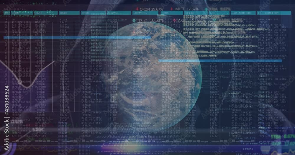 Poster Stock market data processing over spinning globe over screen against male hacker using computer