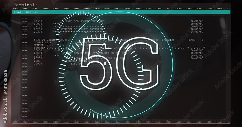 Poster 5g text over screen with data processing against close up of male hacker