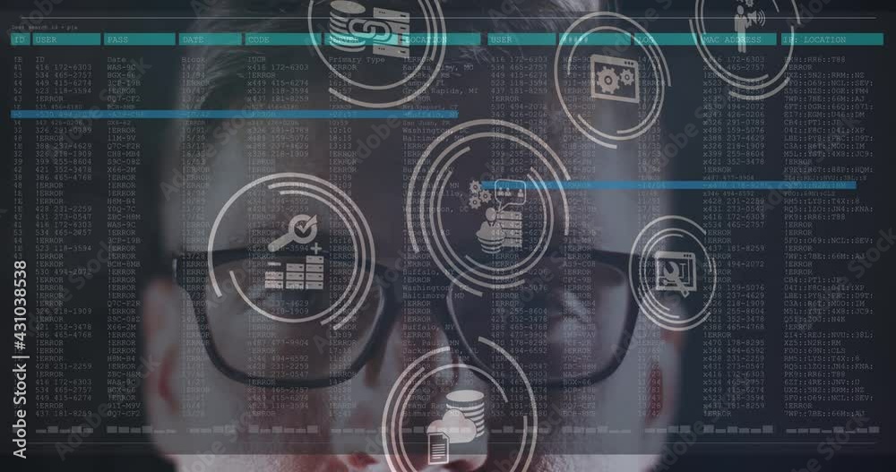 Poster multiple digital icons floating over male hacker against data processing on black background