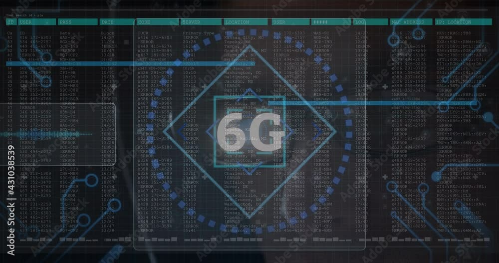 Poster 6g text and microprocessor connections against data processing on black background