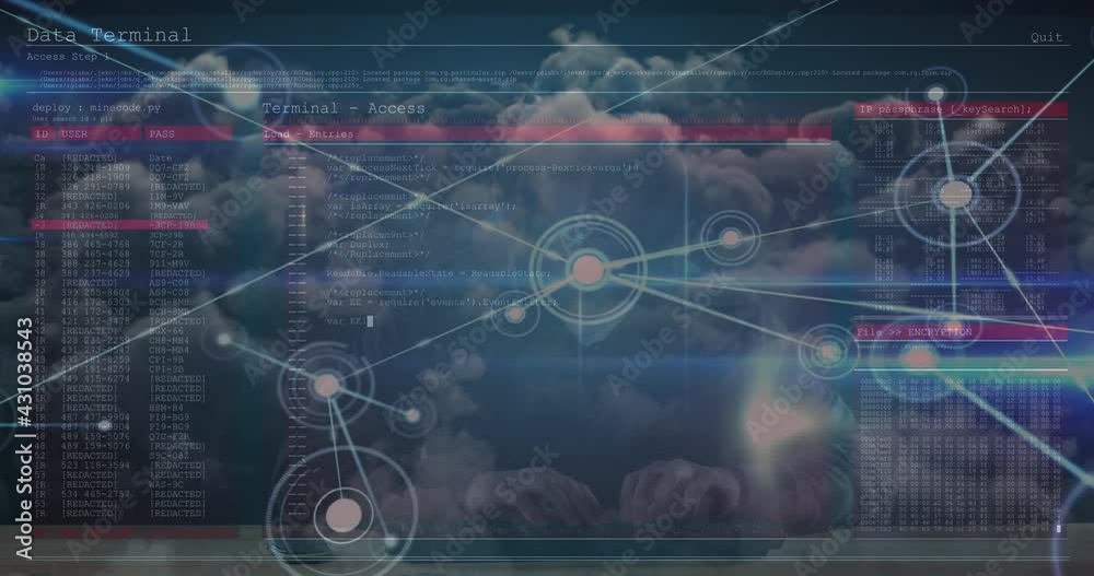 Poster network of connections over sky and screen with data processing against male hacker using computer