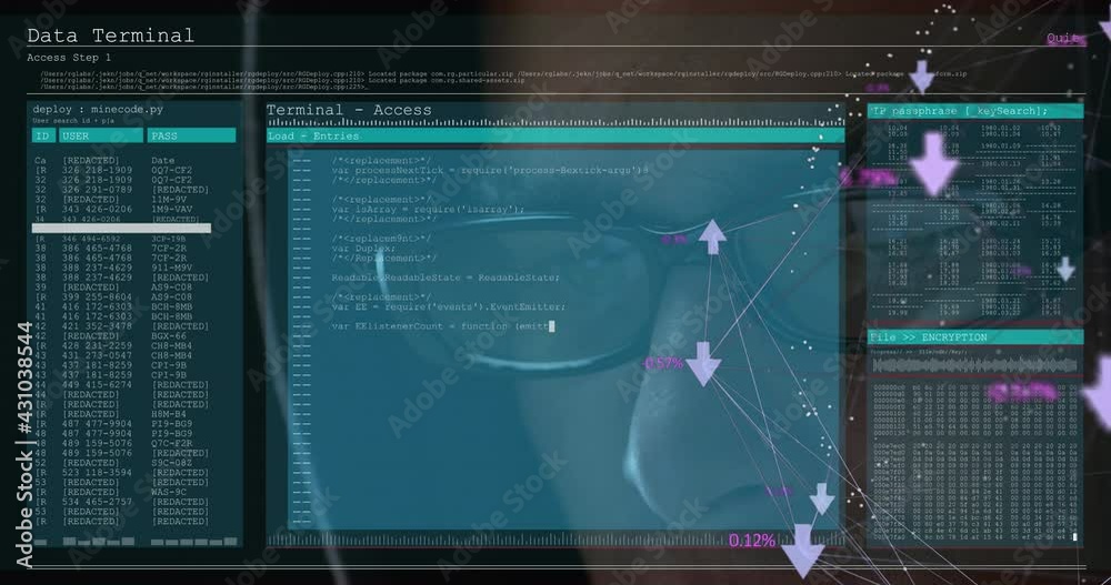 Poster globe of network of connections over screen with data processing against male hacker