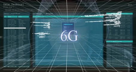 6g text over screen with data processing against male hacker using computer - Powered by Adobe