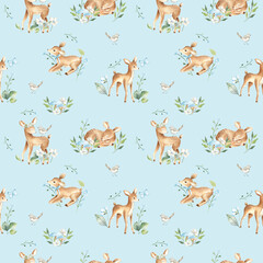Watercolor baby deers forest woodland animals with blue flowers illustration pattern  © Bianca