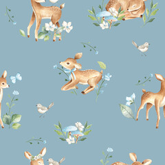 Watercolor baby deers forest woodland animals with blue flowers illustration seamless pattern tile © Bianca