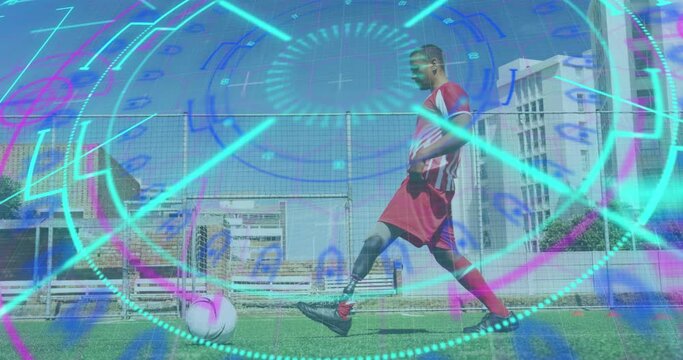 Glowing neon round scanner against male soccer player with prosthetic leg playing soccer