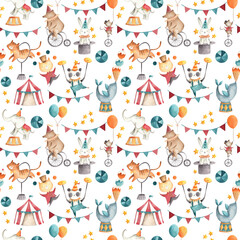 Circus watercolor baby animals illustration pattern  © Bianca