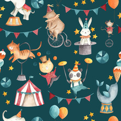 Circus watercolor baby animals illustration seamless pattern tile