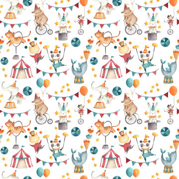 Circus watercolor baby animals illustration pattern 