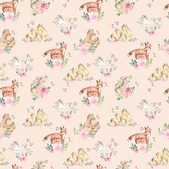 Fototapeta premium Watercolor animals pattern with mother and baby fox, bear, koala, and alpaca with flowers 