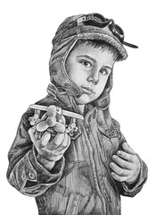 Holds a model airplane in his hands. The boy is playing pilot. Pencil drawing illustration.