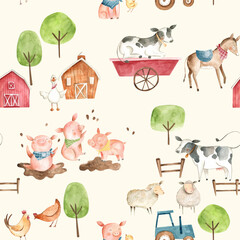 Watercolor baby  farm animals illustration seamless pattern  tile with cow, horse, pig, chicken, hen © Bianca
