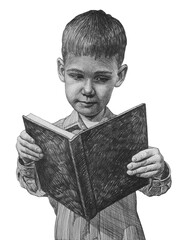 The boy holds a book in his hands and learns to read.  Pencil illustration.