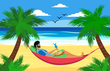 A man lies on a lounger on a sandy beach, drinks a cocktail and relaxes. Vacation at sea, vector illustration