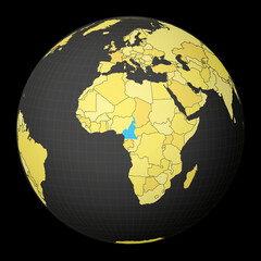 Cameroon on dark globe with yellow world map. Country highlighted with blue color. Satellite world projection centered to Cameroon. Classy vector illustration.