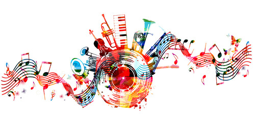 Colorful musical promotional poster with musical instruments and notes isolated vector illustration. Artistic abstract design with vinyl disc for concert events, music festivals and shows, party flyer - obrazy, fototapety, plakaty