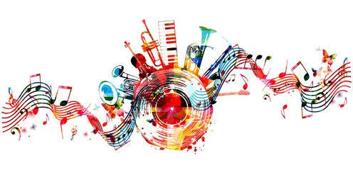 Foto auf Acrylglas Colorful musical promotional poster with musical instruments and notes isolated vector illustration. Artistic abstract design with vinyl disc for concert events, music festivals and shows, party flyer © abstract