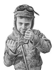 Boy pilot plays airplane control game. Pencil illustration.