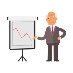Negative business graph. Old businessman displeased. Vector characters