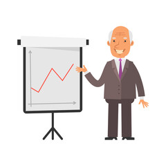 Positive business graph. Old businessman happy and smiling. Vector characters