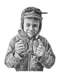 Boy pilot plays airplane control game. Pencil drawing illustration.