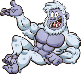 Yeti monster lying down and showing something. Vector clip art illustration with simple gradients. All on a single layer. 
