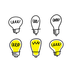 Idea icon doodle. Lightbulb illustration set. Hand drawn electric lamp.