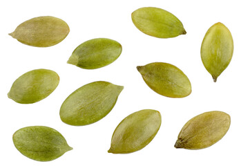 Pumpkin seeds isolated on white, top view.