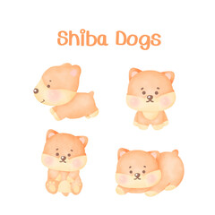 Watercolor shiba dogs set.