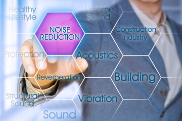 Noise reduction in buildings concept with business manager pointing to icons against a digital display - obrazy, fototapety, plakaty