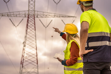 Picture of two electrical engineers using a tablet standing at a High-voltage tower to view the planning work by producing electrical energy at high voltage electrodes.
