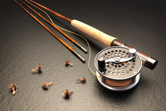Bamboo fly rod, classic fly reel, and fishing flies