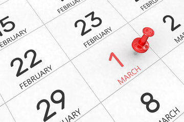 3d rendering of important days concept. March 1st. Day 1 of month. Red date written and pinned on a calendar. Spring month, day of the year. Remind you an important event or possibility.