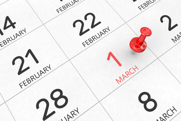 3d rendering of important days concept. March 1st. Day 1 of month. Red date written and pinned on a calendar. Spring month, day of the year. Remind you an important event or possibility.