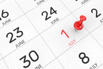 3d rendering of important days concept. July 1st. Day 1 of month. Red date written and pinned on a calendar. Summer month, day of the year. Remind you an important event or possibility.