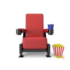 Obraz premium One red cinema chair with fizzy drink and box of popcorn over white background. 3d illustration