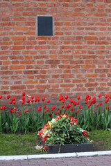 Fototapeta na wymiar flowers lie on soldiers graves. the memory of the heroes who died in the war. memorial cemetery on Victory Day. lots of bouquets and wreaths from grieving people
