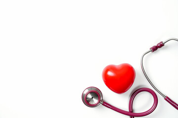 Stethoscope and red heart isolated on white background, Heart care.	